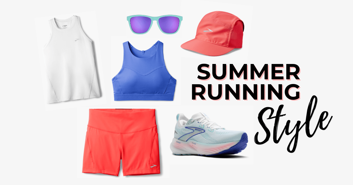 Summer running style featuring images of the Brooks Glycerin 22 running shoes, neon cayenne running shorts, a white tank top, a periwinkle blue sport bra, and a neo cayenne running hat and teal glasses.