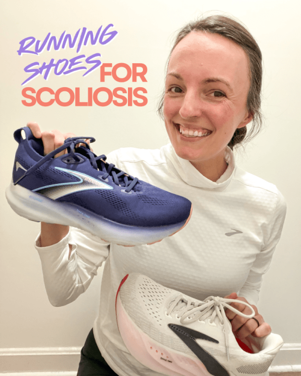 running shoes for scoliosis text next to a female runner holding a Brooks Glycerin shoe and a Brooks Glycerin Max shoe.